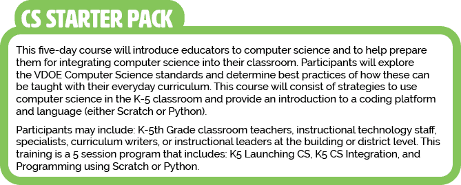 This five-day course will introduce educators to computer science and to help prepare them for integrating computer s   
